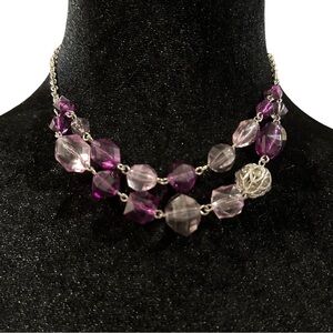 Napier Double Tier Beaded Necklace Silver Tone Purple Adjustable Length